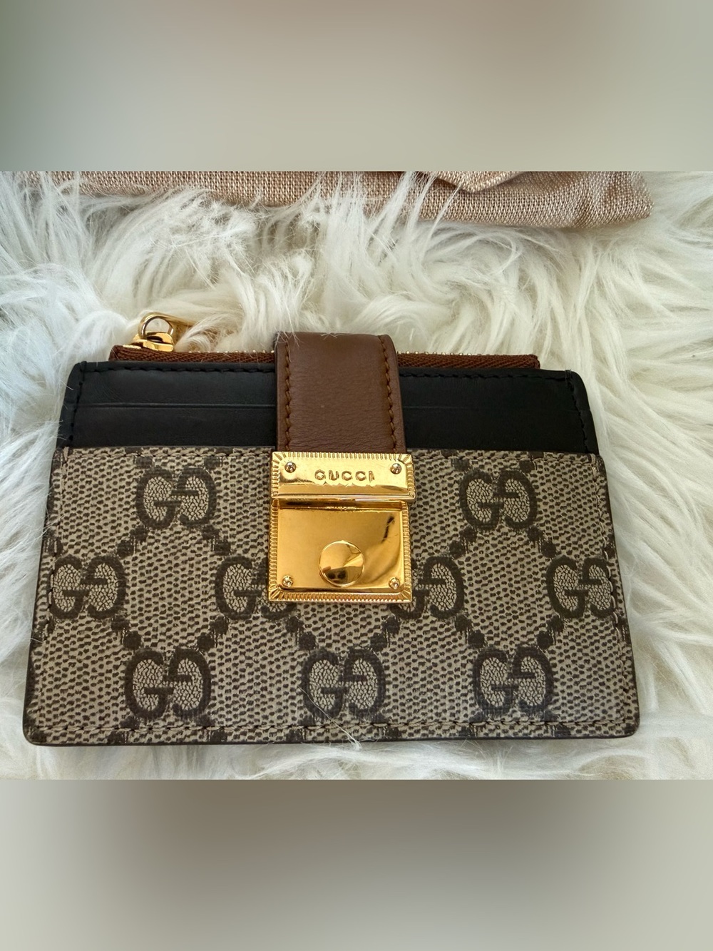 Gucci Beige Monogram Canvas Card Holder with Brown Trim and Gold Hardware